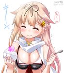  bare_shoulders bikini blonde_hair braid brain_freeze breasts cleavage closed_eyes facing_viewer hair_flaps hair_ornament hair_ribbon hairclip kantai_collection large_breasts long_hair remodel_(kantai_collection) ribbon sailor_bikini sailor_collar scarf shaved_ice signature smile solo spoon swimsuit twitter_username upper_body yuudachi_(kantai_collection) yuuki_hb 