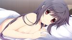 bed_sheet black_hair blanket blush breasts game_cg iizuki_tasuku lil_coulier long_hair looking_at_viewer lying nipples pillow red_eyes seikishi_melty_lovers small_breasts smile solo topless 