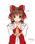  ascot blush bow brown_eyes brown_hair character_name cookie_(touhou) detached_sleeves hair_bow hair_ribbon hair_tubes hakurei_reimu kanna_(cookie) looking_at_viewer open_mouth ribbon ribbon-trimmed_sleeves ribbon_trim ropu simple_background solo touhou white_background 