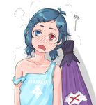  alternate_costume alternate_hairstyle blue_eyes blue_hair blush closed_umbrella collarbone hair_ornament hairclip heterochromia karakasa_obake kitano_(kitanosnowwhite) looking_at_viewer low_twintails open_mouth red_eyes shirt short_hair simple_background sleeveless solo strap_slip tatara_kogasa text_focus touhou twintails umbrella upper_body white_background 