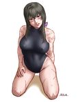  arm_behind_back bare_shoulders black_eyes black_hair blush breasts breasts_apart contrapposto covered_nipples dated full_body groin hair_between_eyes hair_ribbon halterneck hand_on_own_thigh head_tilt highleg highleg_leotard kneeling large_breasts leotard lips long_hair looking_at_viewer low_ponytail m.u.g.e.n original ponytail ribbon scar sendai_hakurei_no_miko sidelocks simple_background solo sweatdrop taikyokuturugi thighs toned touhou turtleneck white_background 