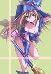  absurdres bare_shoulders blonde_hair blue_eyes blush_stickers breasts cleavage dark_magician_girl duel_monster fingerless_gloves gloves hand_on_headwear hat highres legs long_hair looking_at_viewer maruchi medium_breasts shiny simple_background smile solo sparkle wand wizard_hat yuu-gi-ou yuu-gi-ou_duel_monsters 