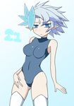  blue_eyes blue_hair breasts duel_monster elf ice number_21_frozen_lady_justice pointy_ears short_hair solo swimsuit thighhighs yu-gi-oh! yuu-gi-ou_zexal 