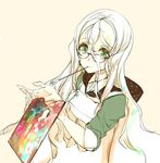  bangs brown-framed_eyewear dress_shirt endou_okito glasses green_eyes hair_between_eyes hood hood_down long_hair looking_at_viewer mouth_hold orange_background original paint paintbrush pale_skin palette shirt simple_background solo upper_body white_hair white_shirt 