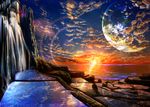  cloud highres lake lens_flare mountain no_humans ocean original planet scenery sky smile_(qd4nsvik) sun water waterfall 