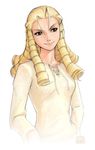  &gt;:) 2006 alternate_costume antenna_hair blonde_hair brown_eyes dated drill_hair forehead hair_pulled_back highres kanzuki_karin long_hair long_sleeves looking_away looking_to_the_side official_art omar_dogan shirt simple_background smile solo street_fighter street_fighter_zero_(series) upper_body v-shaped_eyebrows white_background white_shirt 