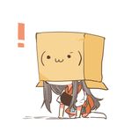  1girl :3 akagi_(kantai_collection) armor black_hair box cardboard_box chibi japanese_clothes kantai_collection long_hair lowres muneate rebecca_(keinelove) shoboon snake_box_sneak solo thighhighs 