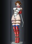  1girl amiba00 ball_gag bdsm blush bondage bound breasts brown_eyes brown_hair detached_sleeves erect_nipples female forced gag headband kotobuki_makoto large_breasts leotard mach_breakers namco pussy_juice shibari short_hair solo tears thigh_boots thighhighs vibrator 