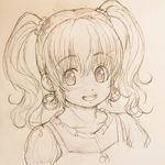  blush earrings graphite_(medium) jewelry looking_at_viewer monochrome nitroplus open_mouth short_hair smile solo super_pochaco traditional_media tsuji_santa twintails 
