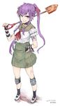  :d bandaged_arm bandages black_legwear blood bloody_clothes dated ebisuzawa_kurumi fingerless_gloves full_body gakkou_gurashi! gloves hand_on_hip long_hair open_mouth purple_eyes purple_hair school_uniform serafuku shovel sidelocks sigama simple_background skirt smile socks solo twintails twitter_username 