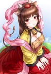  animal_ears bad_id bad_twitter_id bell breasts brown_hair cleavage cow_bell cow_ears kfr kneeling korean_clothes large_breasts red_eyes smile solo 