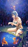  aken bare_shoulders barefoot blue_hair breasts brown_eyes bug cleavage firefly fish goldfish hair_between_eyes hairband highres insect jewelry large_breasts lips necklace original parted_lips pond short_hair sitting sky star_(sky) starry_sky twitter_username wariza 