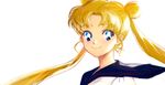  bangs bishoujo_senshi_sailor_moon blonde_hair blue_eyes blue_sailor_collar closed_mouth double_bun face juuban_high_school_uniform long_hair looking_at_viewer parted_bangs sailor_collar school_uniform serafuku smile solo tsukino_usagi twintails white_background yujin 