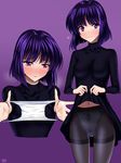  artist_name bishoujo_senshi_sailor_moon blush bow bow_panties crotch_seam dress dress_lift halterneck holding holding_panties impossible_clothes panties pantyhose presenting_panties purple_background purple_eyes purple_hair sen_(sansui) signature smile sweatdrop tomoe_hotaru underwear 