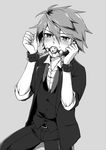  1boy akane ball_gag bdsm belt bondage bound cuffs divine_gate gag handcuffed looking_at_viewer male_focus monochrome restrained saliva solo suit tears 