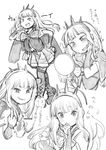  :d blush boots cagliostro_(granblue_fantasy) cape granblue_fantasy greyscale grin hairband hand_on_hip heart long_hair looking_at_viewer middle_finger miniskirt mirror monochrome multiple_views narcissism niku-name open_mouth simple_background skirt smile sweat thighhighs translation_request white_background 