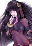  biting black_hair bodystocking breasts bridal_gauntlets covered_nipples fire_emblem fire_emblem_if hairband large_breasts long_hair nail_biting purple_eyes solo syalla_(fire_emblem_if) teruru 