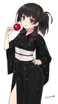  :p alternate_hairstyle bangs black black_hair black_kimono breasts candy_apple covered_nipples floral_print food hair_ornament hair_ribbon hair_up hand_on_hip highres holding isokaze_(kantai_collection) japanese_clothes kantai_collection kimono kuro_chairo_no_neko long_hair long_sleeves looking_at_viewer obi paw_print ponytail red_eyes red_ribbon ribbon sash simple_background small_breasts smile solo tongue tongue_out tress_ribbon twitter_username white_background wide_sleeves yukata 