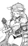  animal_ears breasts cleavage cow_ears draph earrings gloves granblue_fantasy greyscale hand_on_hilt horns jewelry large_breasts leotard monochrome niku-name short_hair simple_background solo sturm_(granblue_fantasy) sword weapon white_background 