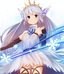  ass_visible_through_thighs bangs bare_shoulders black_legwear blue_eyes blue_flower blue_rose blush cowboy_shot detached_sleeves dress flower granblue_fantasy hair_flower hair_ornament halterneck lavender_hair lily_(granblue_fantasy) long_hair long_sleeves looking_at_viewer pointy_ears rose simple_background sleeves_past_wrists smile snowflakes solo thighhighs tiara tobimura very_long_hair white_background white_dress zettai_ryouiki 