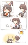  :t =_= akagi_(kantai_collection) anger_vein angry armor blush_stickers brown_hair comic flying_sweatdrops food highres hug hug_from_behind japanese_clothes kaga_(kantai_collection) kantai_collection multiple_girls muneate pudding rebecca_(keinelove) side_ponytail sparkle spoken_food spoken_object sweatdrop v-shaped_eyebrows wavy_mouth younger 