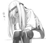  bad_id bad_twitter_id bangs commentary greyscale hand_on_own_face headband japanese_clothes kantai_collection kinosuke_(sositeimanoga) leaning_forward long_hair looking_down miniskirt monochrome open_mouth shoukaku_(kantai_collection) simple_background sitting skirt solo sweat thighhighs translated white_background 