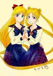  aino_minako ametsuki_(uzuki523) bishoujo_senshi_sailor_moon blonde_hair blue_bow blue_eyes blue_sailor_collar blue_skirt bow brooch hair_bow half_updo hand_on_another's_hip hands_together heart jewelry juuban_high_school_uniform long_hair long_sleeves multiple_girls sailor_collar school_uniform serafuku signature skirt tsukino_usagi twintails very_long_hair 