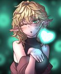  bare_shoulders blonde_hair blown_kiss blush commentary glowing green_eyes head_tilt heart looking_at_viewer messy_hair miata_(miata8674) mizuhashi_parsee off_shoulder one_eye_closed open_mouth pointy_ears shirt solo touhou upper_body 