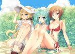  alternate_hairstyle aqua_hair bikini blonde_hair blue_eyes bracelet breasts brown_eyes brown_hair bush ceru cloud day dress food food_in_mouth girl_sandwich hand_on_headwear hat hatsune_miku high_heels jewelry large_breasts lily_(vocaloid) long_hair looking_at_viewer meiko multiple_girls outdoors popsicle red_bikini ribbon sandwiched shell shoes short_hair sitting sky smile summer sun_hat sundress swimsuit transparent twintails vocaloid white_dress 