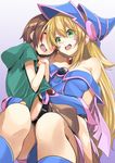  1girl bare_shoulders blonde_hair boots breasts cleavage dark_magician_girl duel_monster gintarou_(kurousagi108) green_eyes hat large_breasts long_hair open_mouth pentacle sitting sitting_on_lap sitting_on_person smile tickling wizard_hat yuu-gi-ou yuu-gi-ou_duel_monsters 