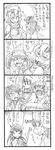  4koma anger_vein bbb_(friskuser) breast_conscious breasts budget_sarashi comic flat_chest glasses greyscale high_ponytail highres houshou_(kantai_collection) japanese_clothes kantai_collection kariginu kimono knife large_breasts magatama monochrome multiple_girls musashi_(kantai_collection) partially_translated ryuujou_(kantai_collection) sarashi sweatdrop tasuki translation_request twintails two_side_up visor_cap 