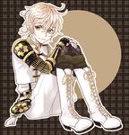  armor boots japanese_armor kimimi_(kmm) leg_hug male_focus monoyoshi_sadamune pantyhose pink_hair sitting smile solo thigh_boots thighhighs touken_ranbu yellow_eyes 