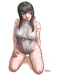  alternate_color black_hair blush bow breasts brown_eyes contrapposto covered_nipples hair_between_eyes hair_bow head_tilt kneeling large_breasts leotard lips long_hair m.u.g.e.n original scar see-through sendai_hakurei_no_miko sidelocks solo sweat taikyokuturugi thighs touhou wet wet_clothes 