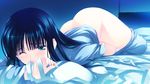  aqua_eyes ass black_hair long_hair masturbation on_bed one_eye_closed pajamas pajamas_pull solo tears touma_kazusa white_album_2 