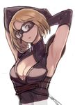  armpits arms_behind_head arms_up black_gloves blonde_hair breasts brown_eyes cleavage cleavage_cutout djeeta_(granblue_fantasy) elbow_gloves gloves goggles granblue_fantasy marksman_(granblue_fantasy) medium_breasts niku-name open_mouth short_hair simple_background solo upper_body white_background 
