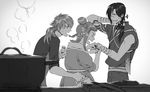  2boys braid double_bun dramatical_murder greyscale kikapon koujaku long_hair magehikari monochrome multiple_boys pot scar seragaki_aoba seragaki_tae stove tattoo 