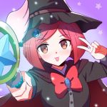  1girl :3 black_hat black_shirt bob_cut cape commentary danganronpa dot_nose eyebrows_visible_through_hair face hair_ornament hairclip hat holding holding_staff jewelry looking_at_viewer new_danganronpa_v3 qosic red_cape red_eyes red_hair red_ribbon ribbon shirt short_hair simple_background solo staff star tongue tongue_out v white_wings wings witch_hat yumeno_himiko 