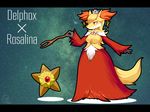  2015 ambiguous_gender anthro anthrofied breasts clothing cosplay crossover crown delphox dress ear_piercing female luma mario_bros nintendo piercing pok&eacute;mon red_eyes rosalina_(mario) shioinu smirk star staryu super_mario_galaxy video_games wide_hips 