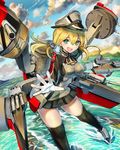  :d bad_id bad_pixiv_id blonde_hair daishou gloves hair_ornament hat highres iron_cross kantai_collection long_hair machinery open_mouth over-kneehighs peaked_cap prinz_eugen_(kantai_collection) smile solo thighhighs turret twintails uniform 
