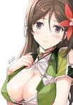  amagi_(kantai_collection) bangs bell bell_choker bell_collar blush breasts brown_eyes brown_hair choker cleavage cleavage_cutout collar flower hair_between_eyes hair_flower hair_ornament japanese_clothes jingle_bell kantai_collection kimono large_breasts long_hair looking_at_viewer mole mole_under_eye parted_bangs simple_background solo tomozo_kaoru 