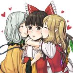  ascot back black_hair blonde_hair blush brown_eyes cheek_kiss closed_eyes crystal flandre_scarlet girl_sandwich green_hair hair_ribbon hakurei_reimu heart hug imminent_kiss kiss kitano_(kitanosnowwhite) komeiji_koishi long_sleeves looking_at_another multiple_girls no_hat no_headwear one_eye_covered open_mouth pointy_ears profile puffy_sleeves ribbon sandwiched sash shirt short_hair short_sleeves side_ponytail simple_background smile string touhou upper_body vest white_background wide_sleeves wings yuri 