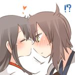  2girls =_= akagi_(kantai_collection) armor black_hair blush brown_hair closed_eyes heart japanese_clothes kaga_(kantai_collection) kantai_collection kiss lowres multiple_girls muneate nose_kiss rebecca_(keinelove) side_ponytail simple_background sweatdrop white_background yellow_eyes yuri 