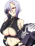  1girl arachne bare_shoulders breasts extra_eyes hips huge_breasts insect_girl monster_girl monster_musume_no_iru_nichijou navel purple_hair rachnera_arachnera red_eyes short_hair simple_background solo spider_girl underboob underboob_cutout zanku 