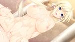  1girl blonde_hair blue_eyes blush breasts canon_rukusana censored cum cum_in_pussy cum_on_body cum_on_breasts cum_on_upper_body dutch_angle game_cg girl_on_top hetero iizuki_tasuku large_breasts long_hair looking_at_viewer low_ponytail mosaic_censoring navel nipples nude open_mouth penis pussy seikishi_melty_lovers sex solo_focus vaginal wet 