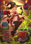  blonde_hair blue_eyes book bra breasts candle cauldron elbow_gloves gloves hat highres long_hair original shui_qian_he_kafei small_breasts solo thighhighs underwear witch_hat 