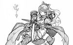  bow breasts character_name cleavage dress granblue_fantasy greyscale hair_bow holding holding_sword holding_weapon long_hair medium_breasts monochrome niku-name ponytail simple_background smile solo sword vira_lilie weapon white_background 