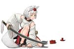  animal_ears bare_shoulders detached_collar geta hat hat_ribbon inubashiri_momiji katana kitano_(kitanosnowwhite) long_sleeves ribbon shirt silver_hair skirt solo squatting sword tail tengu-geta tokin_hat touhou weapon wide_sleeves wolf_ears wolf_tail yellow_eyes 