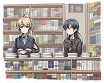  ayase_eli bag bangs black_serafuku blazer blonde_hair blue_bow blue_eyes blue_hair blue_neckwear blush book book_stack bookshelf bow bowtie brown_eyes clipe hair_between_eyes holding holding_book holding_strap jacket library long_hair long_sleeves looking_at_another love_live! love_live!_school_idol_project multiple_girls neckerchief open_book otonokizaka_school_uniform ponytail reading school_bag school_uniform serafuku sonoda_umi striped striped_bow striped_neckwear uniform 