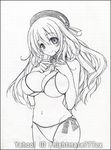  artist_name atago_(kantai_collection) bikini black_border border detached_collar graphite_(medium) greyscale hat kantai_collection long_hair monochrome nightmare77zx solo standing swimsuit traditional_media 