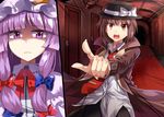  bow bowtie brown_eyes brown_hair capelet confrontation crescent crescent_hair_ornament d: e.o. fingernails hair_bow hair_ornament hat hat_bow indoors loose_necktie multiple_girls necktie open_mouth patchouli_knowledge pointing purple_eyes purple_hair shaded_face shirt short_hair teeth tie_clip touhou trench_coat untucked_shirt usami_renko v-shaped_eyebrows white_bow white_shirt 